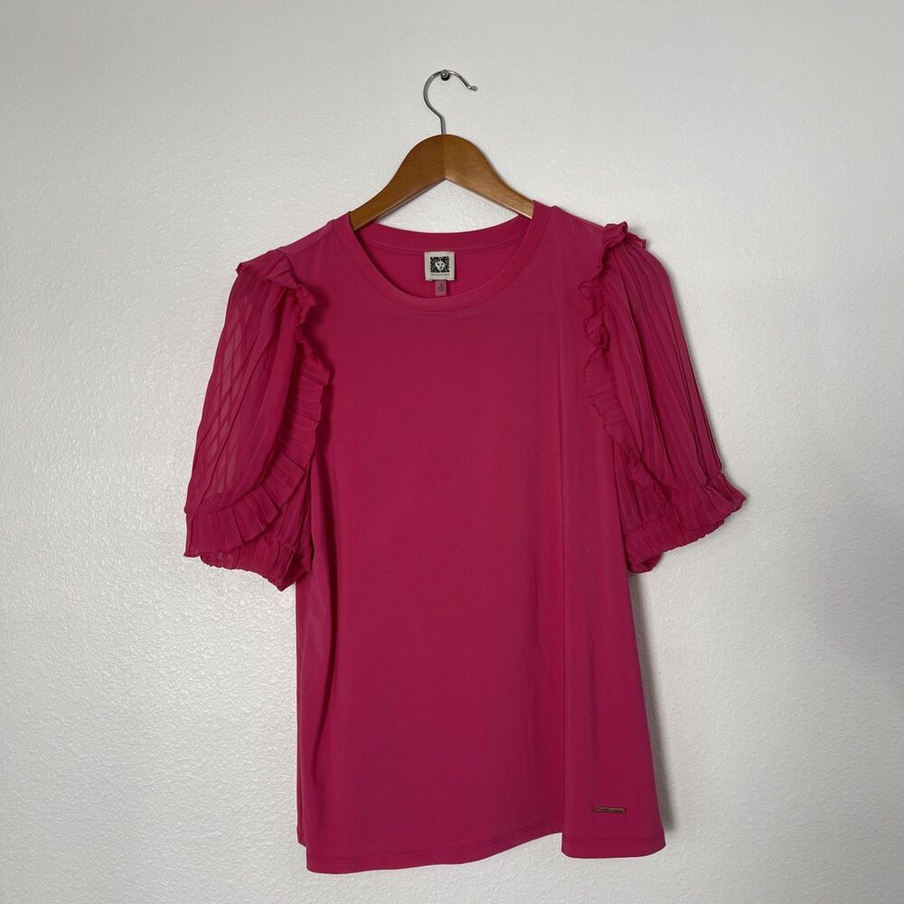 Ann Klein Women's Pink Blouse with Ruffles On Sleeve Size Medium Casual